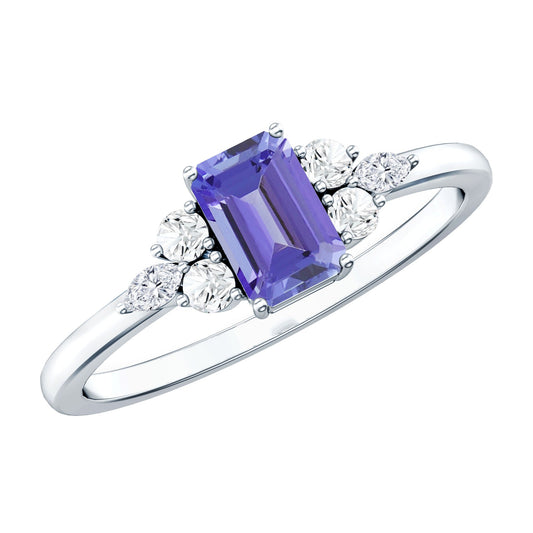 Genuine Tanzanite and Diamond Emerald Cut Engagement Ring in Silver