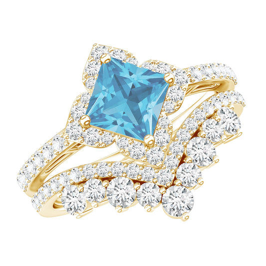 Genuine Princess Cut Swiss Blue Topaz Floral Wedding Ring Set in Silver