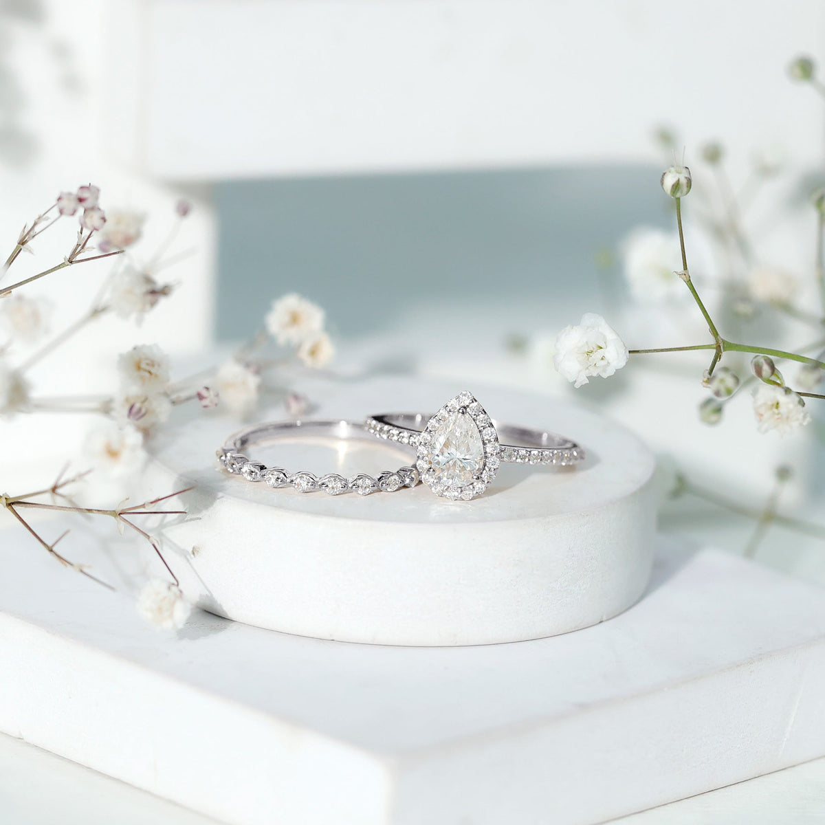 Lab Created Diamond Teardrop Engagement Ring With Stackable Band