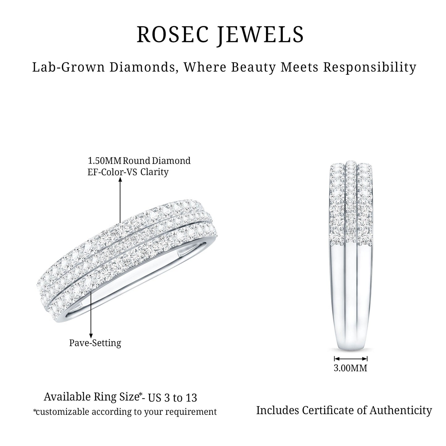 Certified Lab Grown Diamond 3 Row Wedding Band