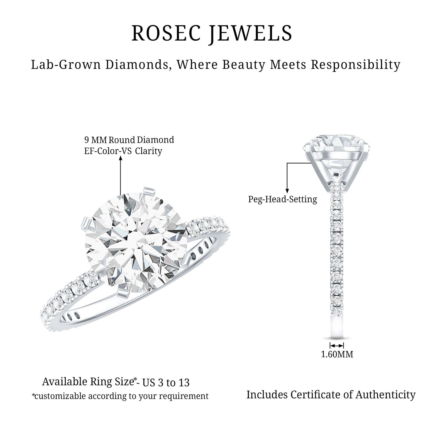 Certified 3 Carat Lab Grown Solitaire Diamond Engagement Ring