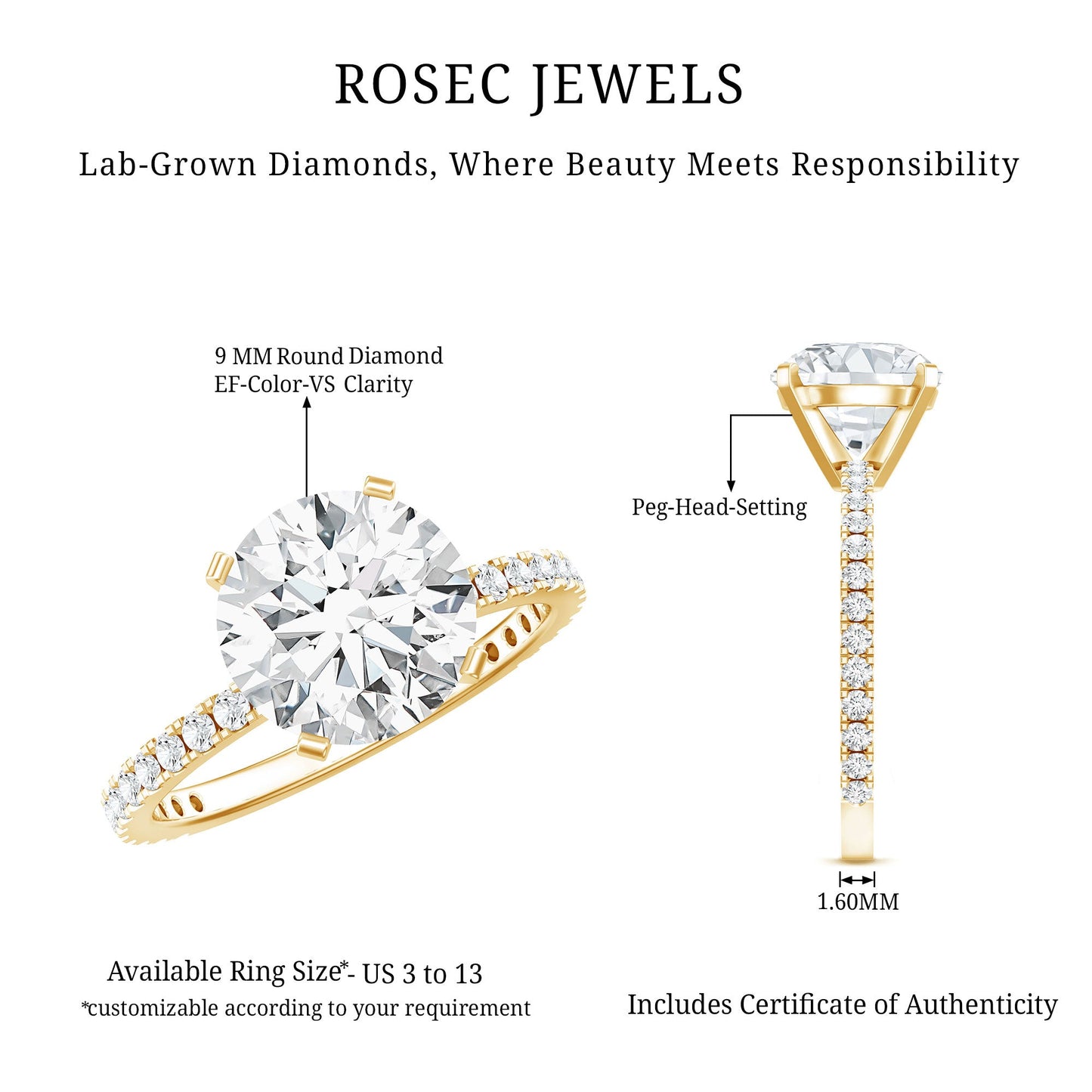 Certified 3 Carat Lab Grown Solitaire Diamond Engagement Ring