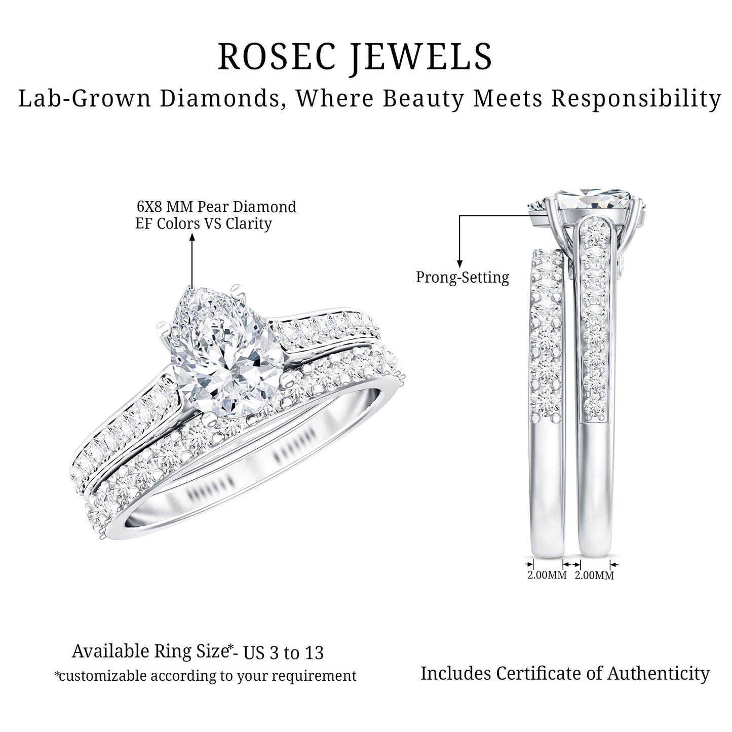 Pear Cut 1.3 Carat Lab Grown Diamond Marriage Ring Set for Women
