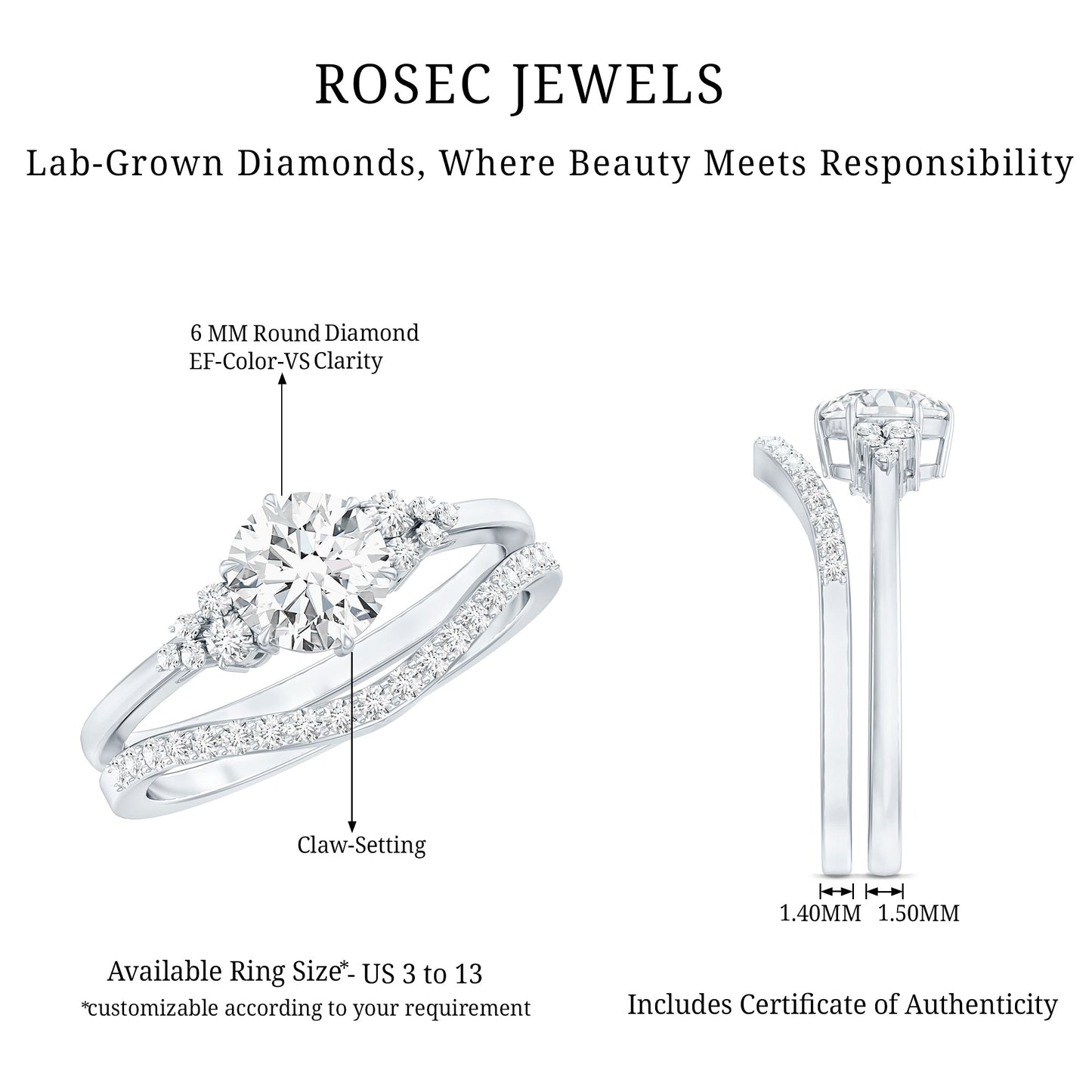 Certified Diamond Bridal Ring Set with Curved Band