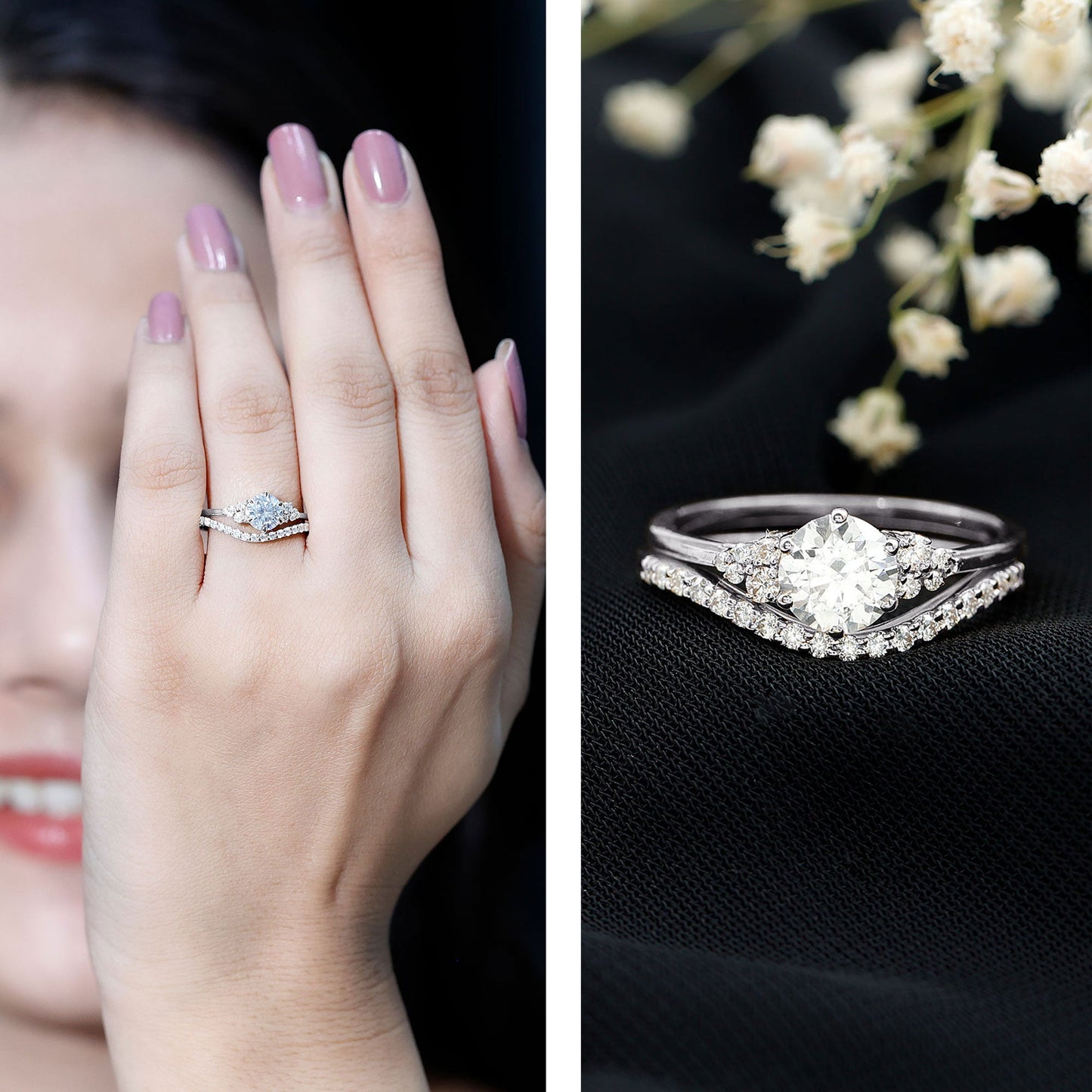 Certified Diamond Bridal Ring Set with Curved Band