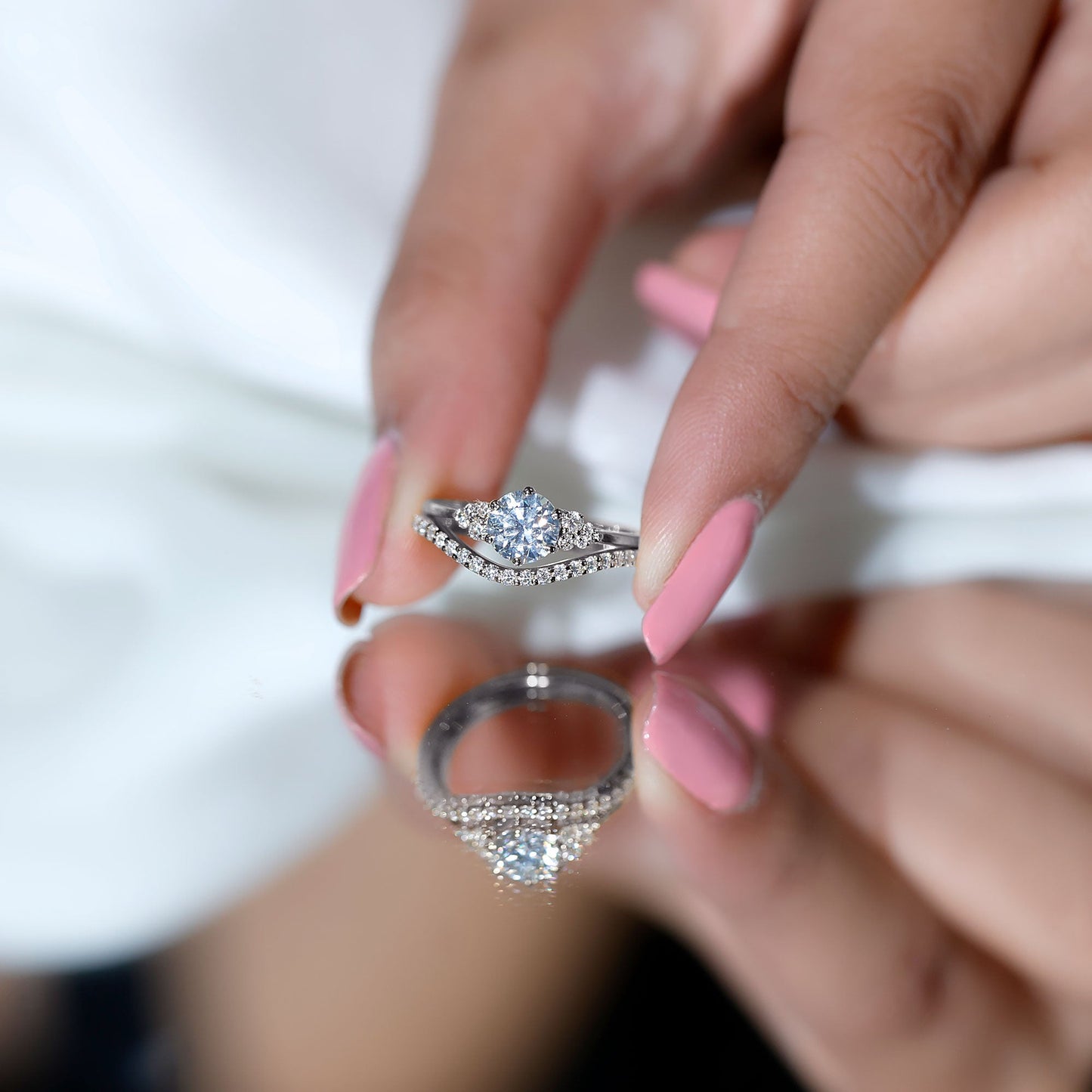 Certified Diamond Bridal Ring Set with Curved Band