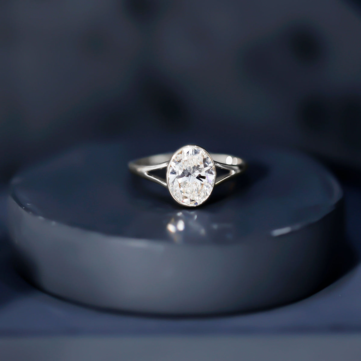 Bezel Set Oval Lab Created Diamond Solitaire Ring For Women