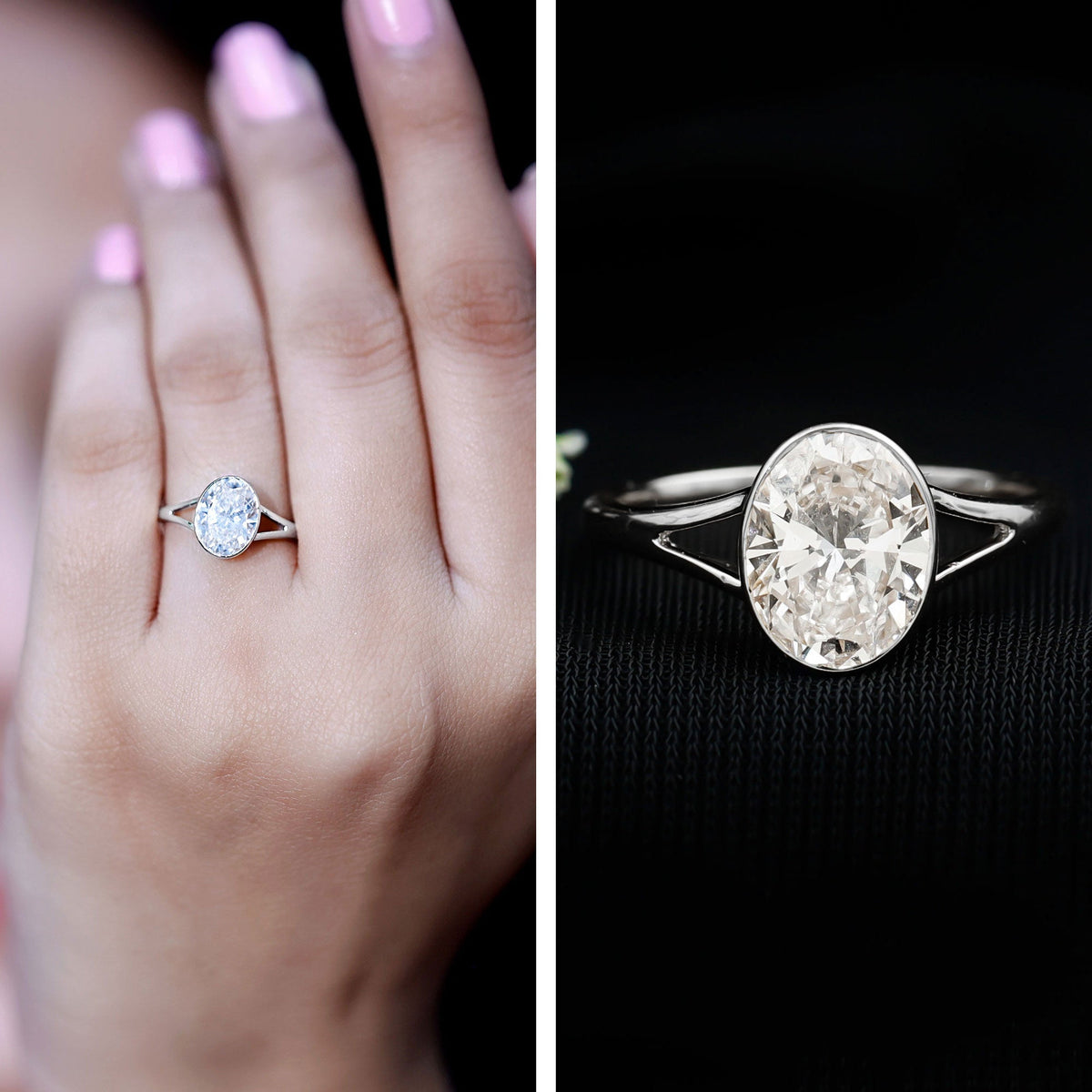 Bezel Set Oval Lab Created Diamond Solitaire Ring For Women