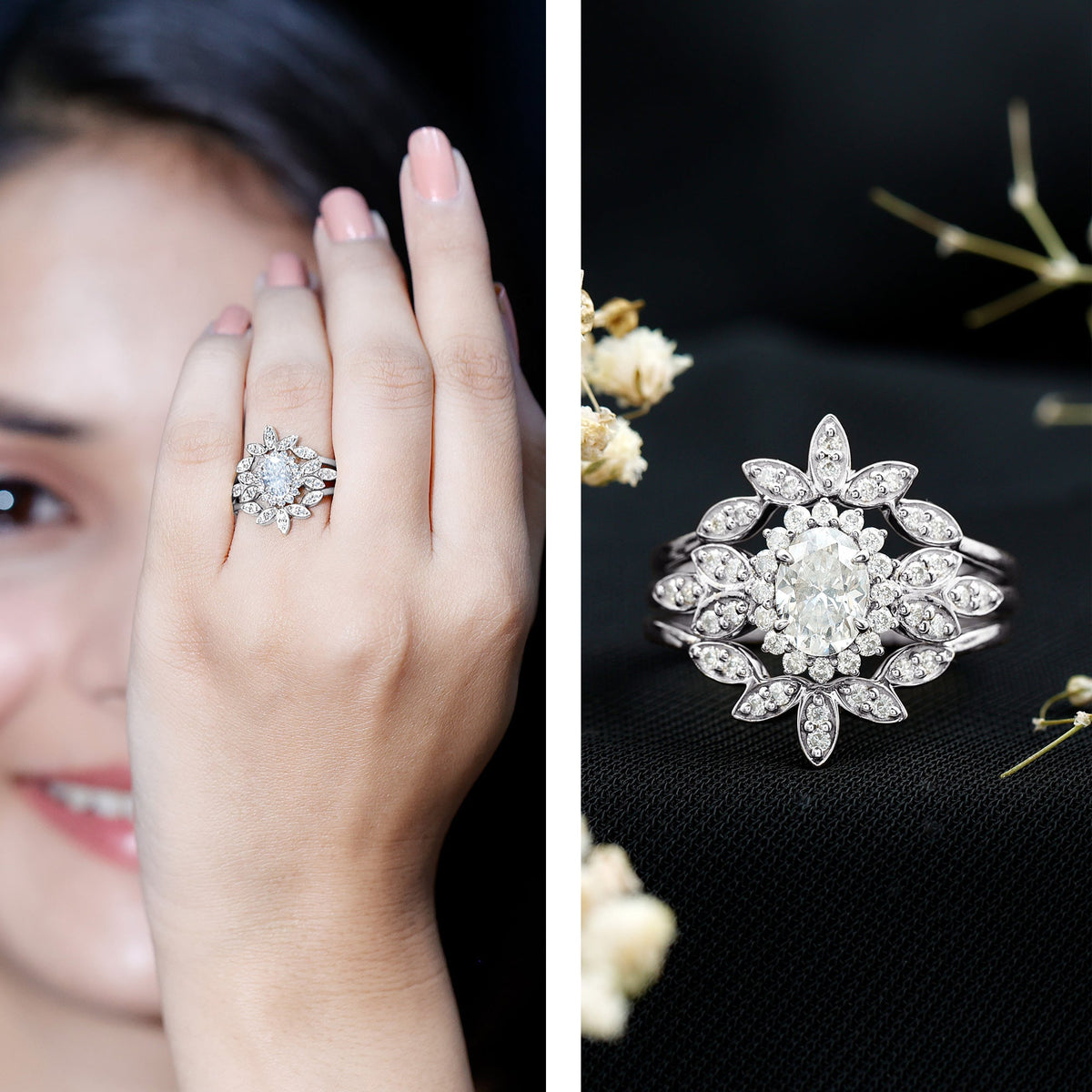 0.7 Carat Lab Grown Diamond Vintage Engagement Ring with 2 Wedding Bands