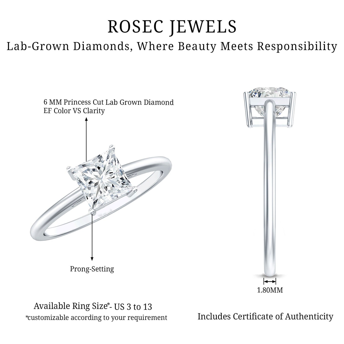 1.2 Carat Certified Lab Grown Diamond Square Cut Engagement Ring