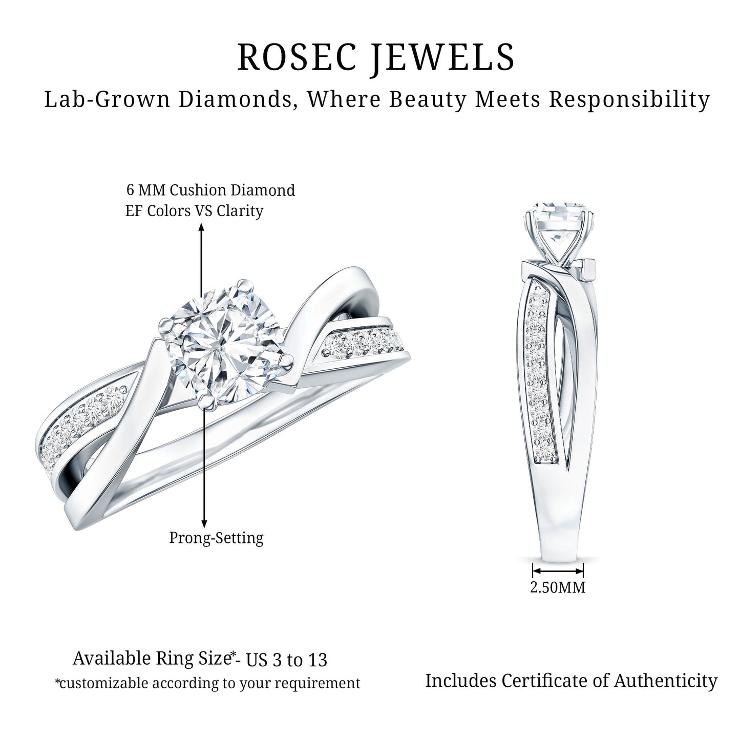 Cushion Cut Diamond Infinity Solitaire Ring with Side Stones