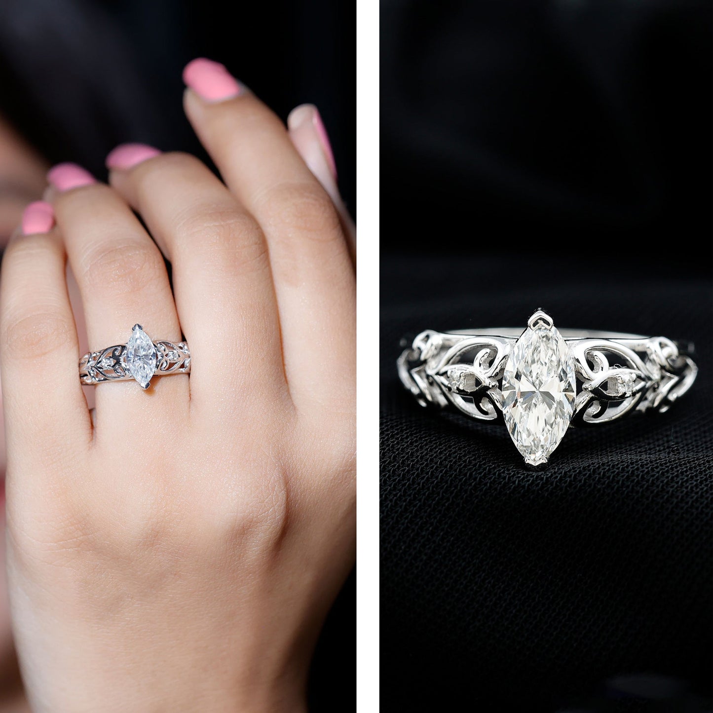 Marquise Cut Lab Grown Diamond Solitaire Filigree Engagement Ring