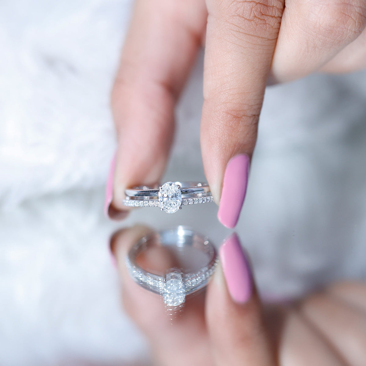 0.75 Carat Oval Cut Diamond Solitaire Double Band Engagement Ring For Her