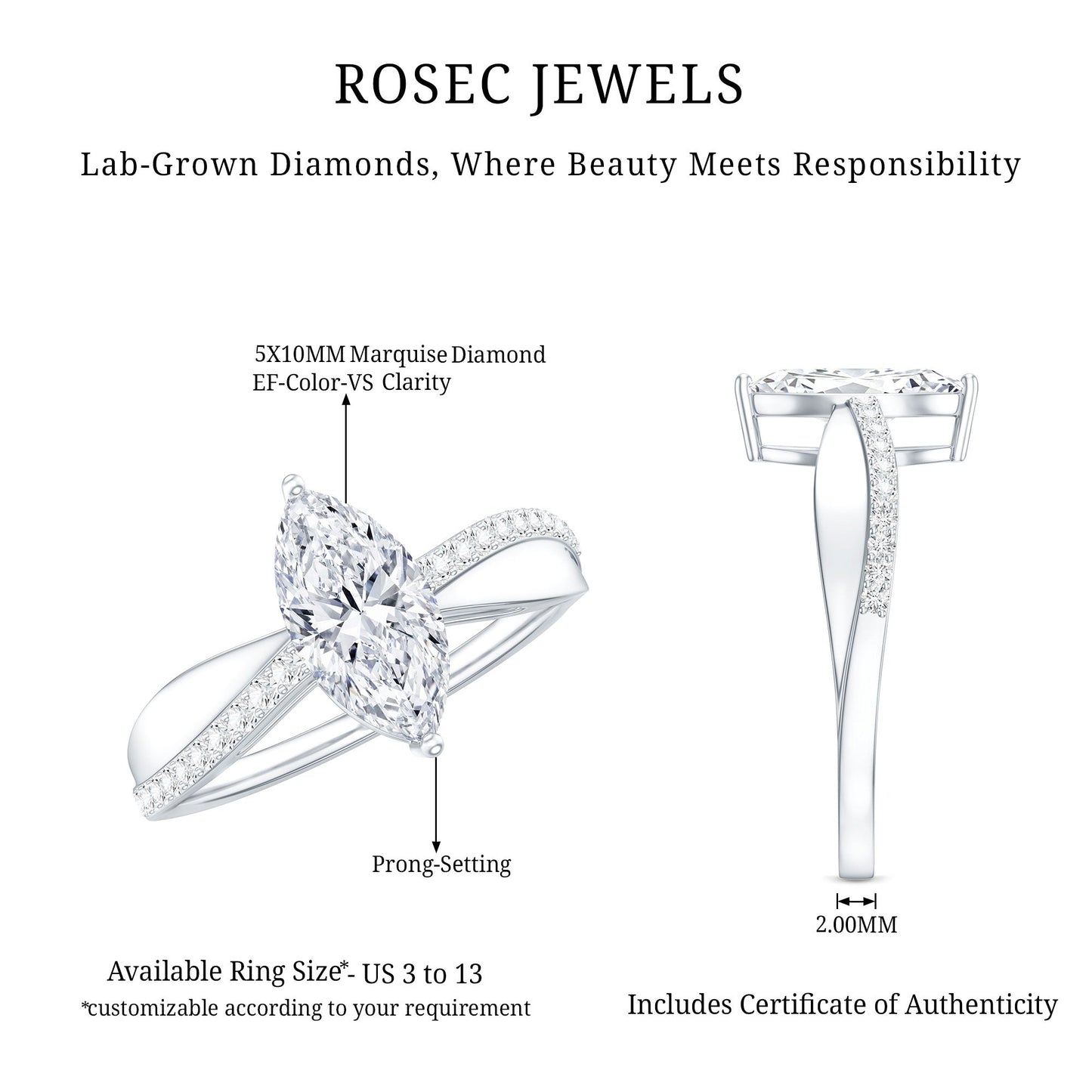 Certified 1 CT Marquise Diamond Solitaire Ring with Side Stones