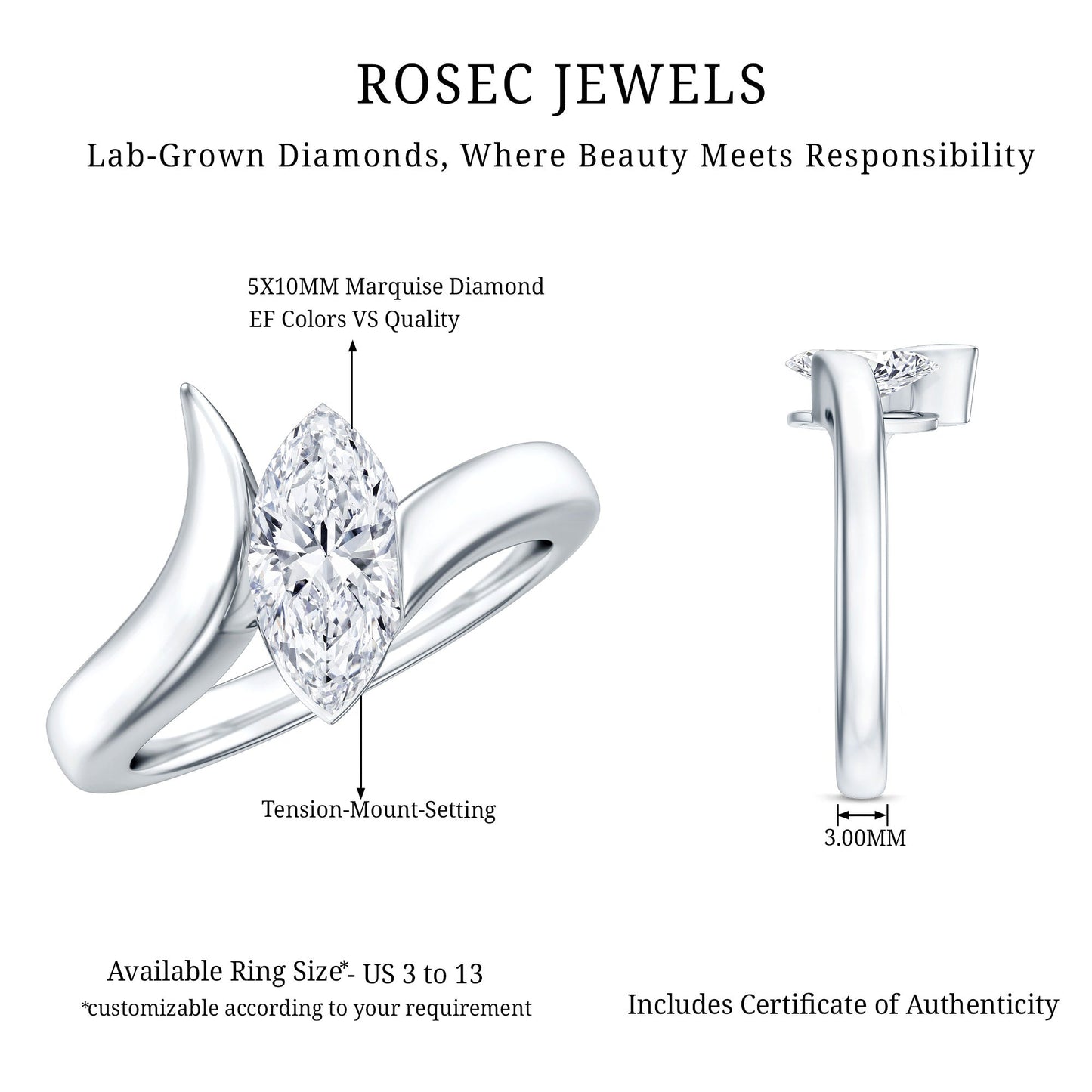 Lab Diamond 1 Carat Marquise Engagement Ring in Tension Mount Setting