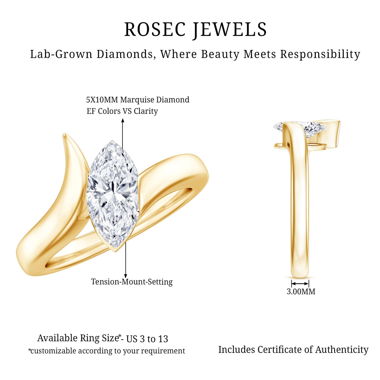 Lab Diamond 1 Carat Marquise Engagement Ring in Tension Mount Setting