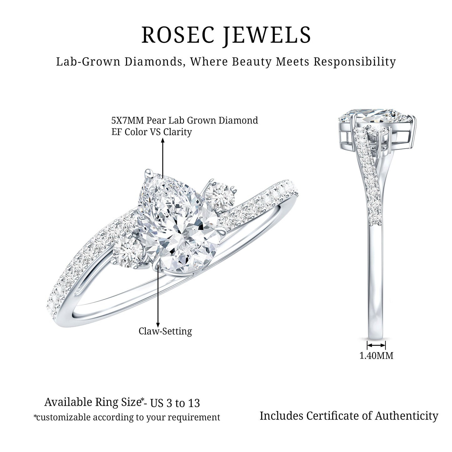 Pear Lab Created Diamond Engagement Bypass Ring for Her