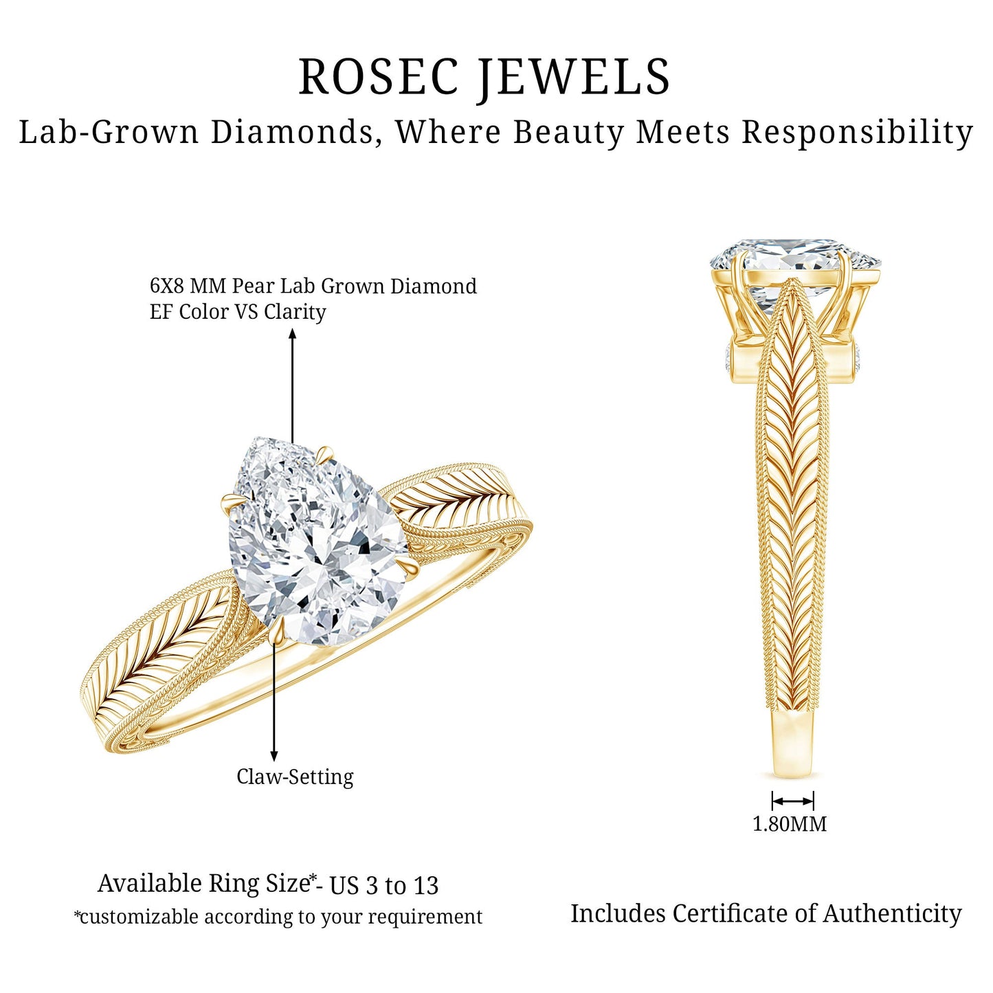 1.3 Carat Pear Lab Created Diamond Filigree Engagement Ring