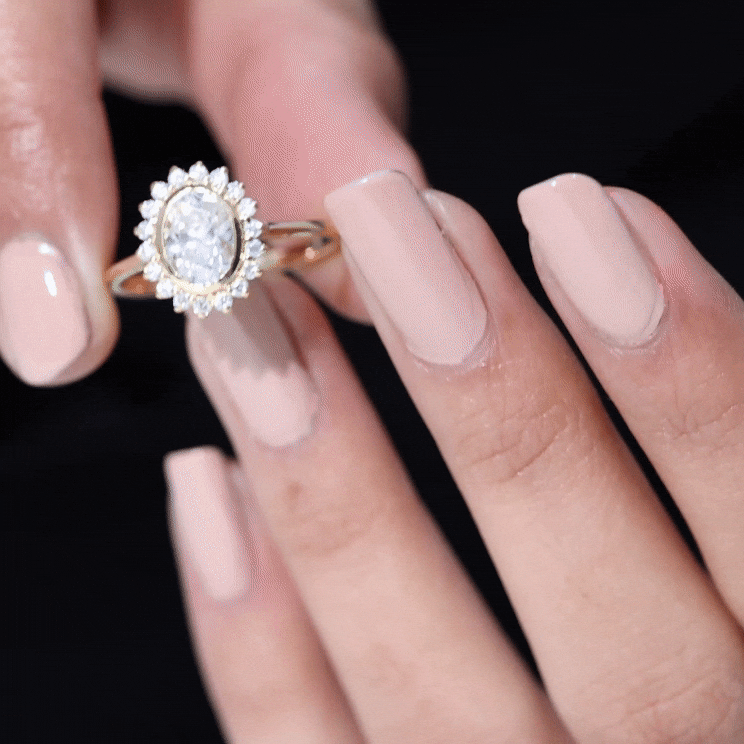 Oval Cut Lab Grown Diamond Halo Engagement Ring in Bezel Setting