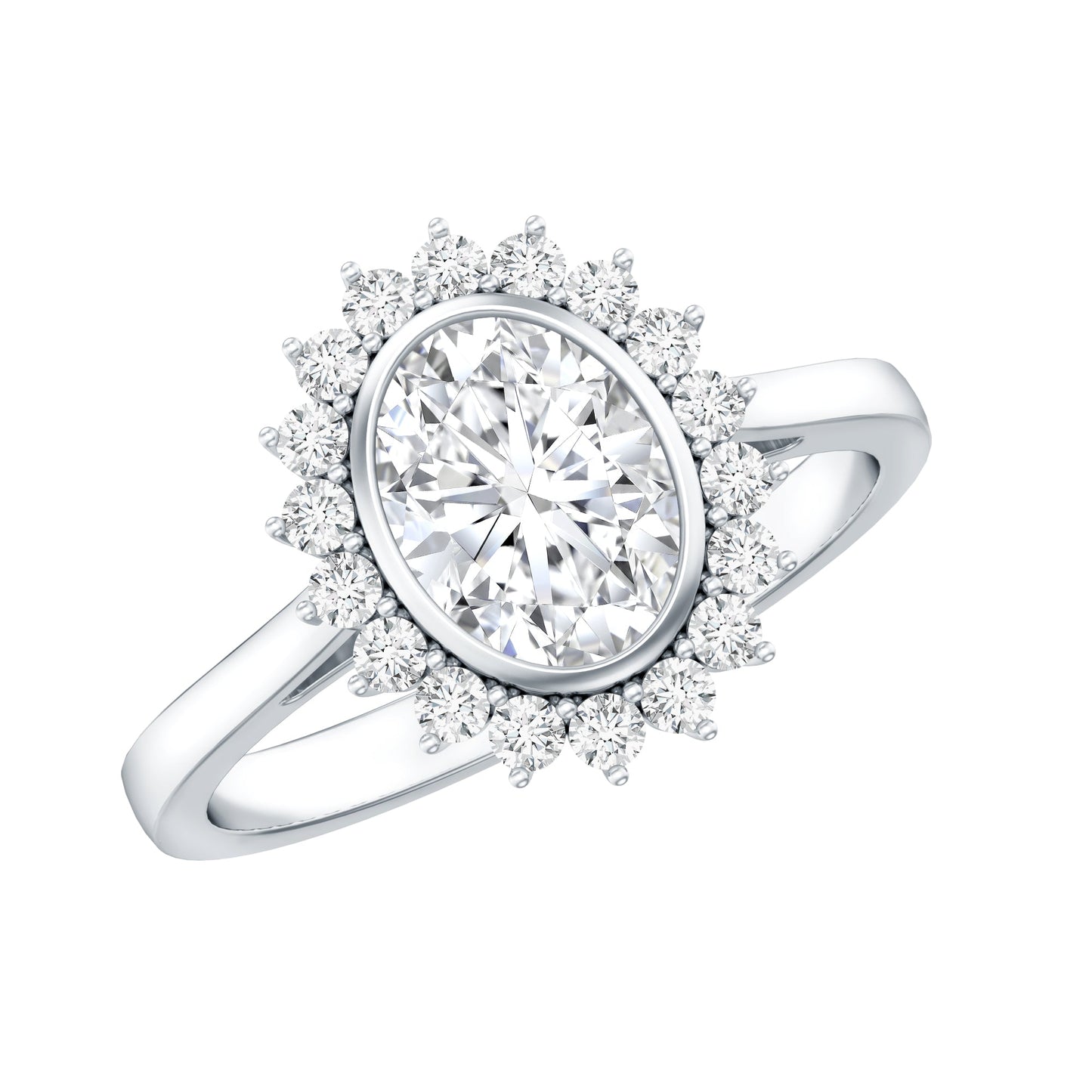 Oval Cut Lab Grown Diamond Halo Engagement Ring in Bezel Setting