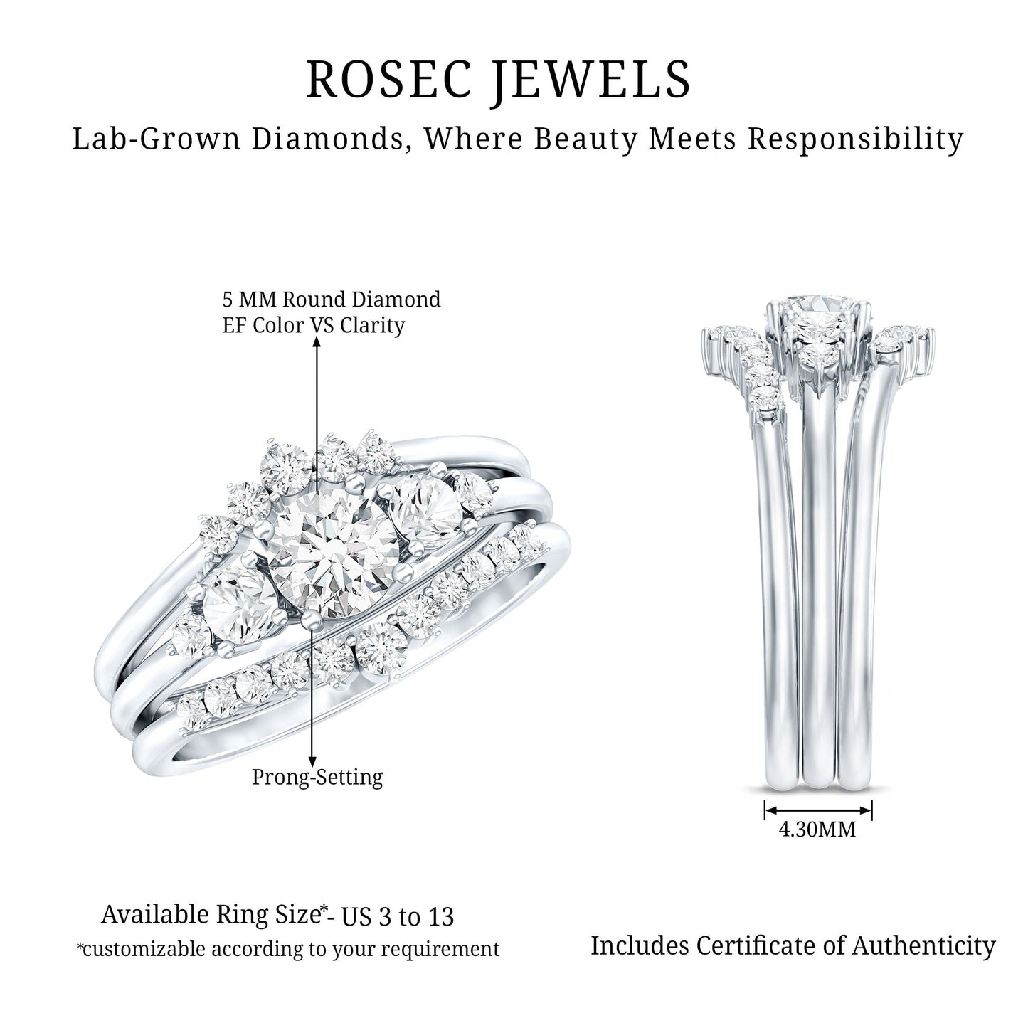 Lab Grown Diamond Trio Wedding Ring Set For Bride