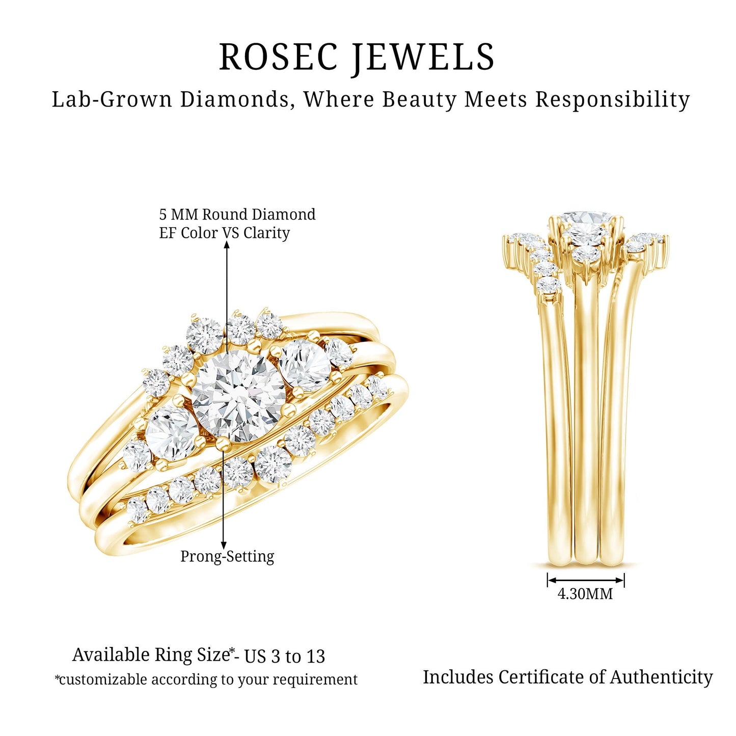 Lab Grown Diamond Trio Wedding Ring Set For Bride