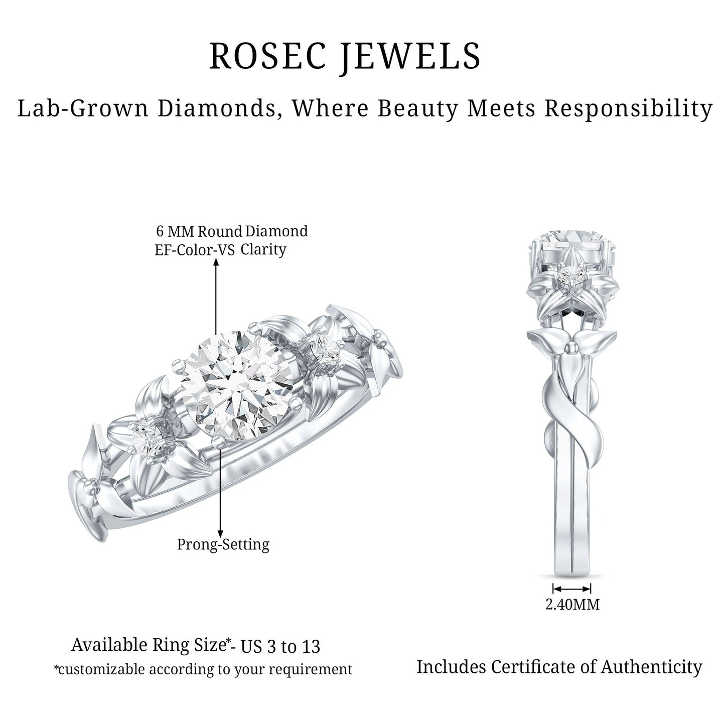 Certified 0.9 Carat Lab Grown Diamond Nature Engagement Ring