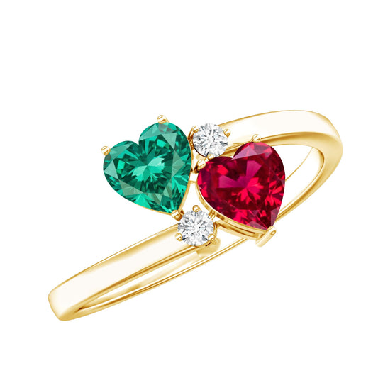 Certified Lab Grown Ruby and Emerald 2 Stone Heart Promise Ring in Silver