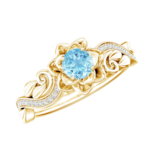 Natural Aquamarine and Diamond Flower Engagement Ring in Gold Plated Silver