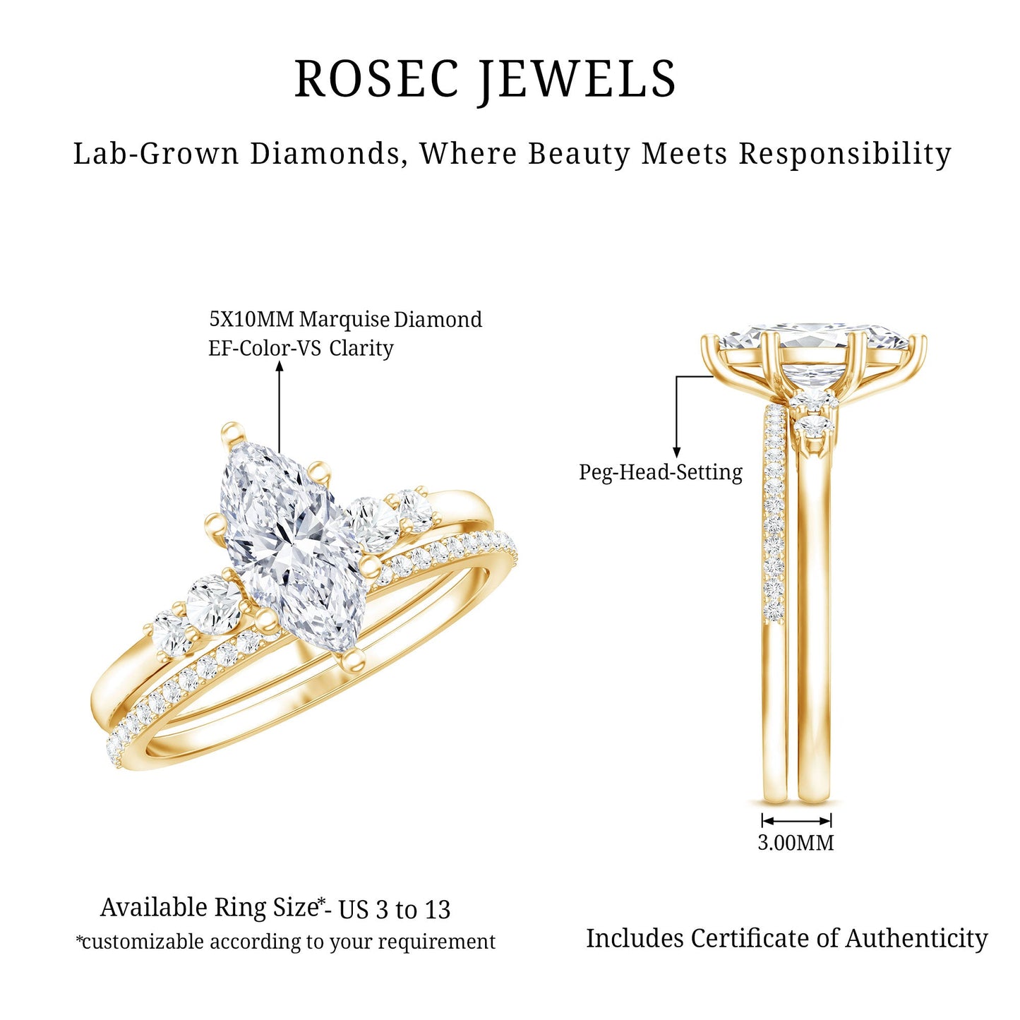 Lab Grown Diamond 1 Carat Marquise Engagement Ring with Wedding Band