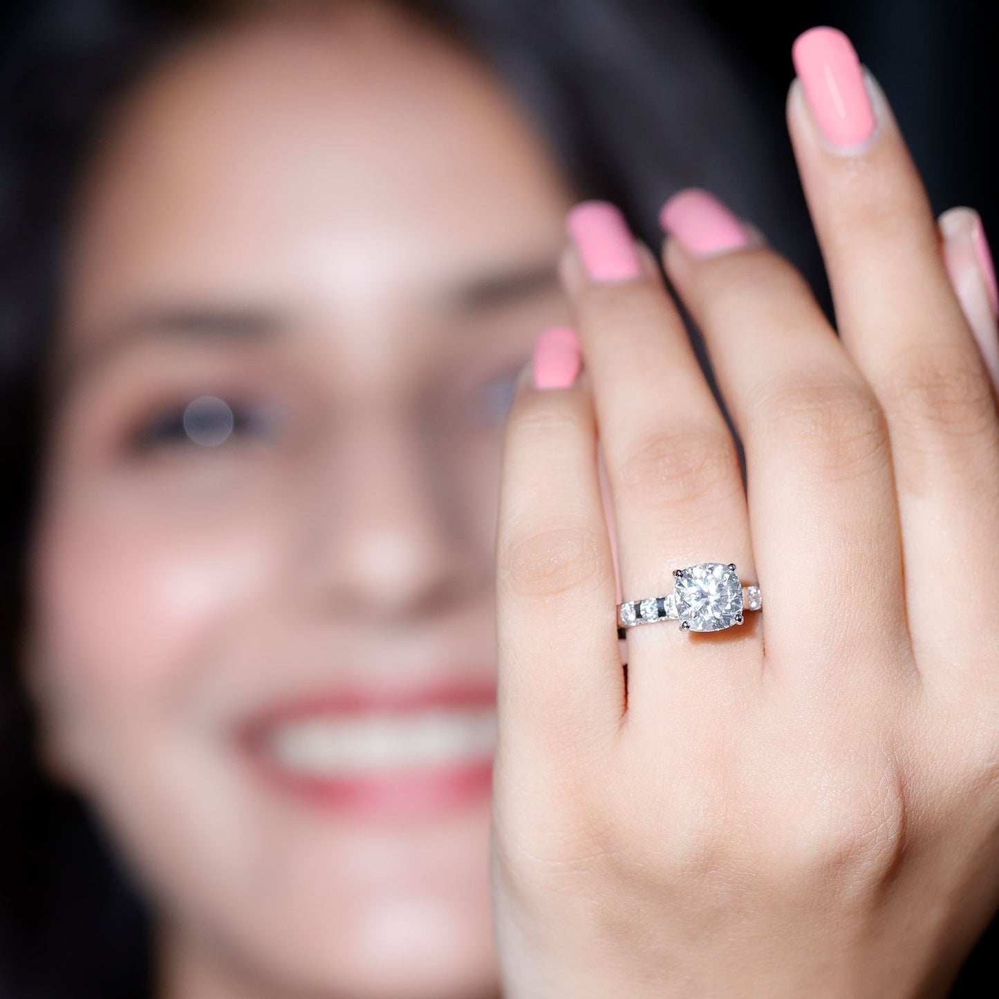3 Carat IGI Certified Lab Grown Diamond Cushion Cut Engagement Ring with Side Stones