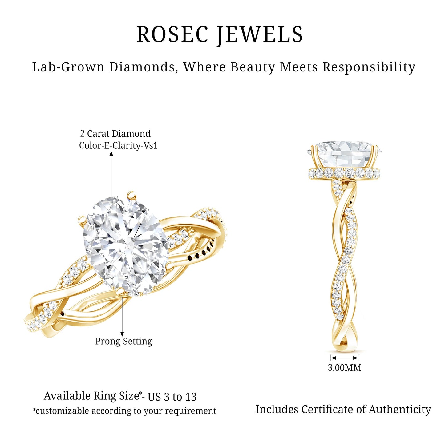 IGI Certified 2 Carat Lab Grown Diamond Oval Hidden Halo Engagement Ring with Braided Band