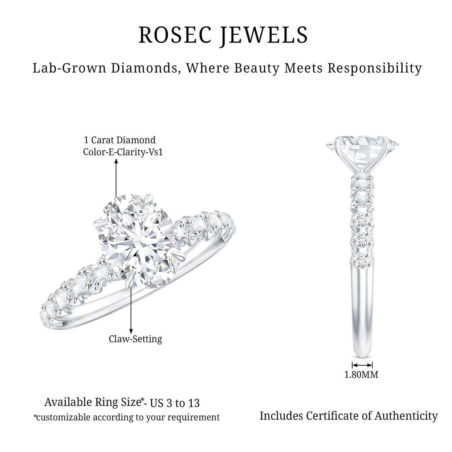 1 Carat Oval Cut Lab Grown Diamond Side Stone Engagement Ring IGI Certified