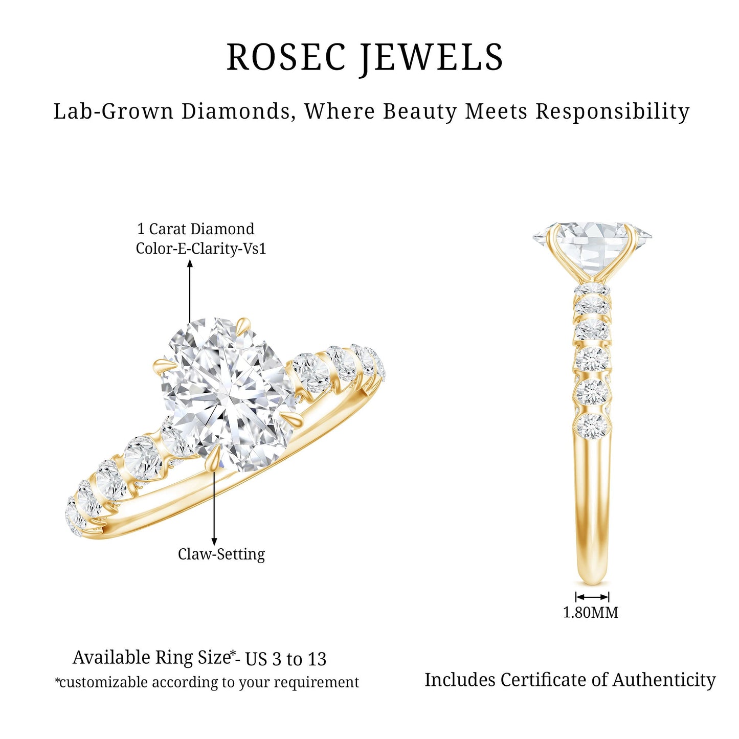 1 Carat Oval Cut Lab Grown Diamond Side Stone Engagement Ring IGI Certified