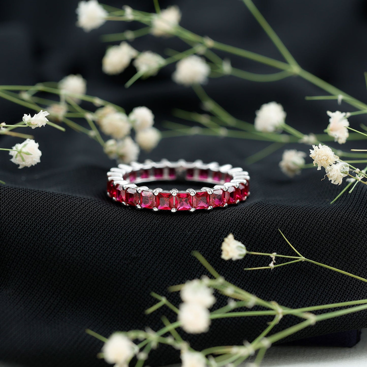 Princess Cut Lab Grown Ruby Eternity Wedding Band for Women