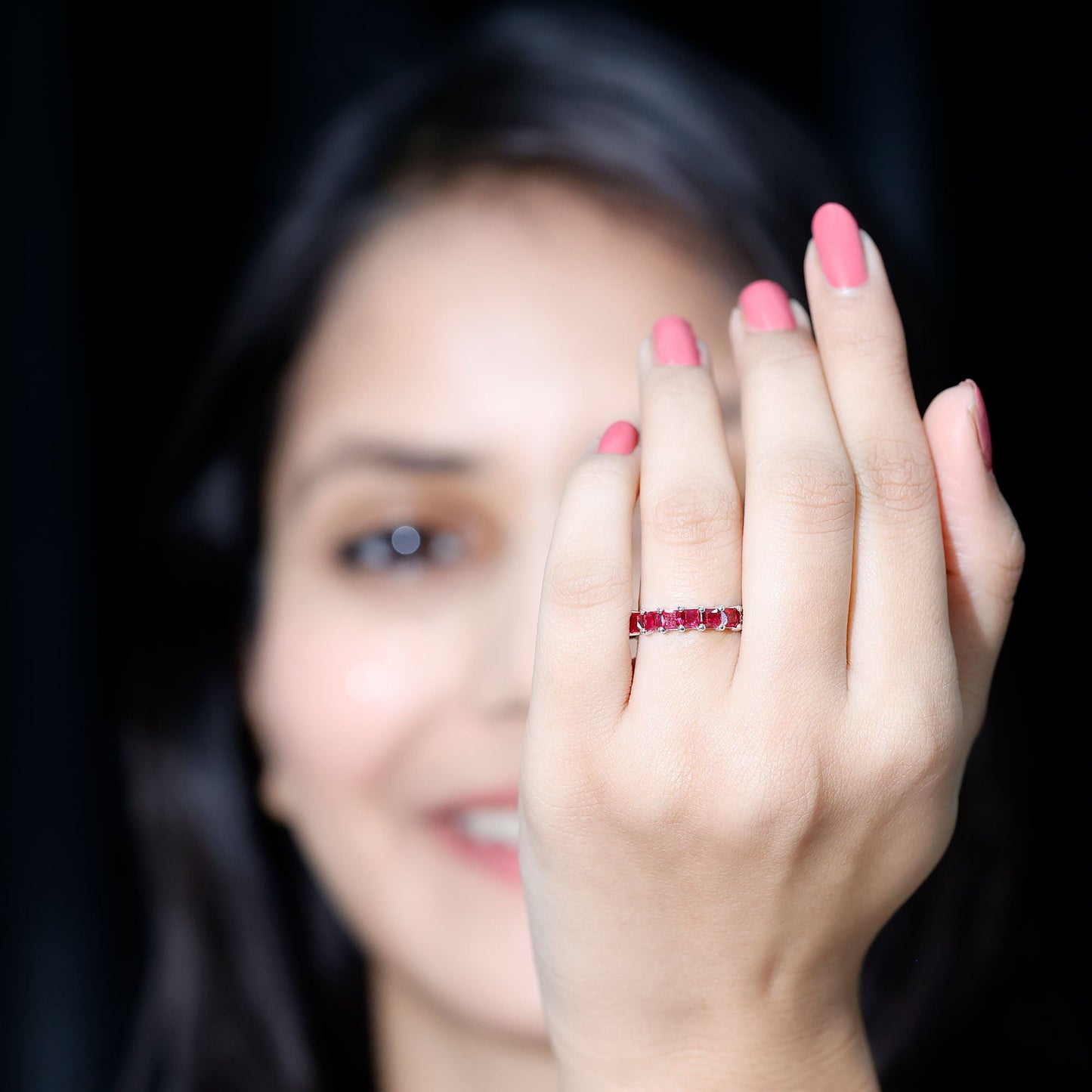Princess Cut Lab Grown Ruby Eternity Wedding Band for Women