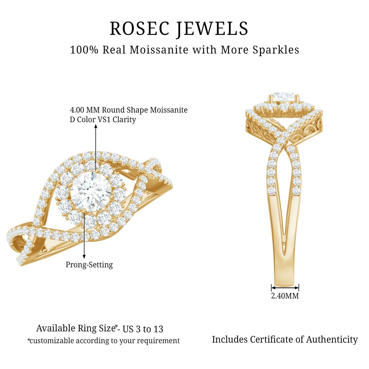 Certified Moissanite Crossover Engagement Ring with Halo