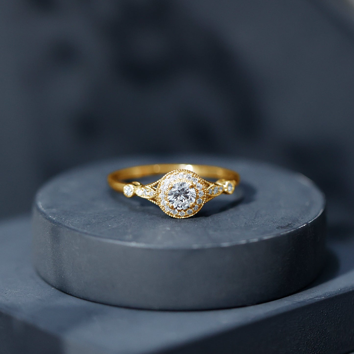 Round Cut Moissanite Antique Engagement Ring