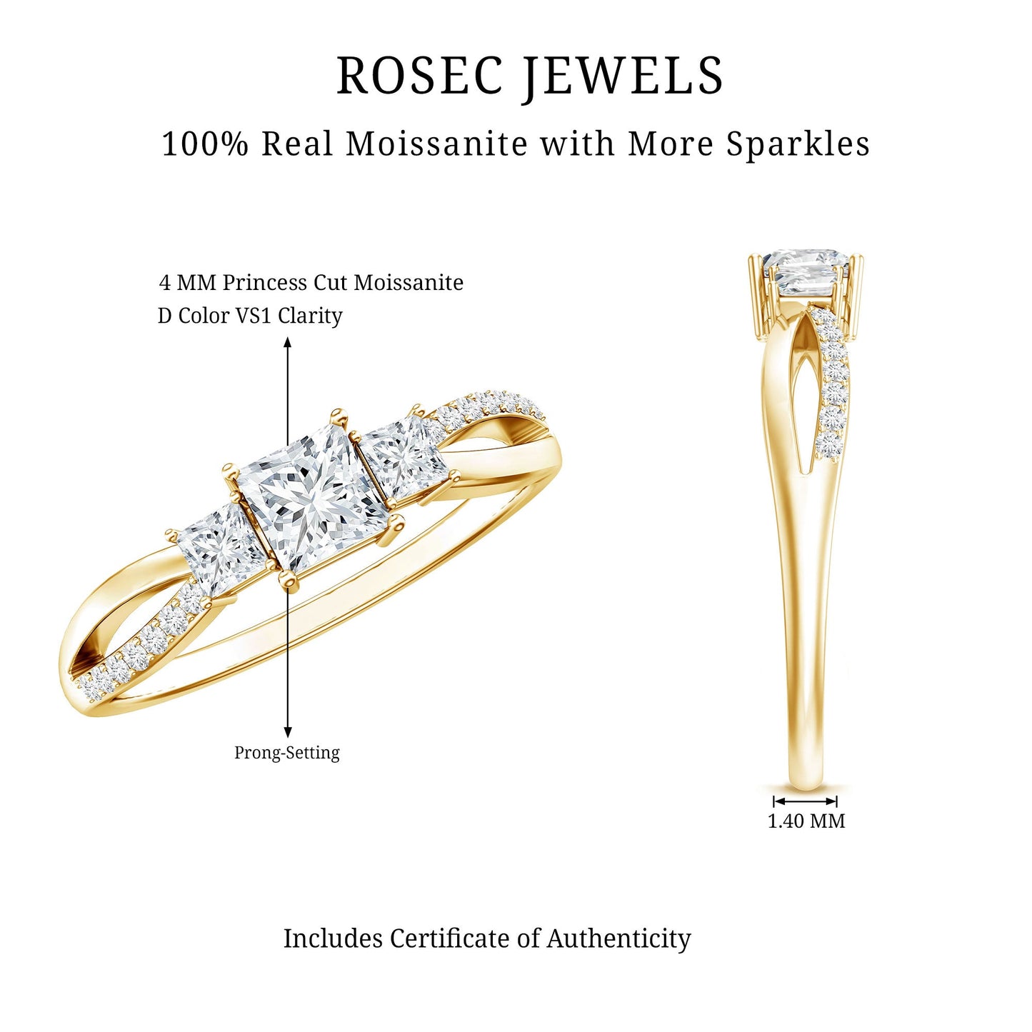 Princess Cut Moissanite Three Stone Engagement Ring