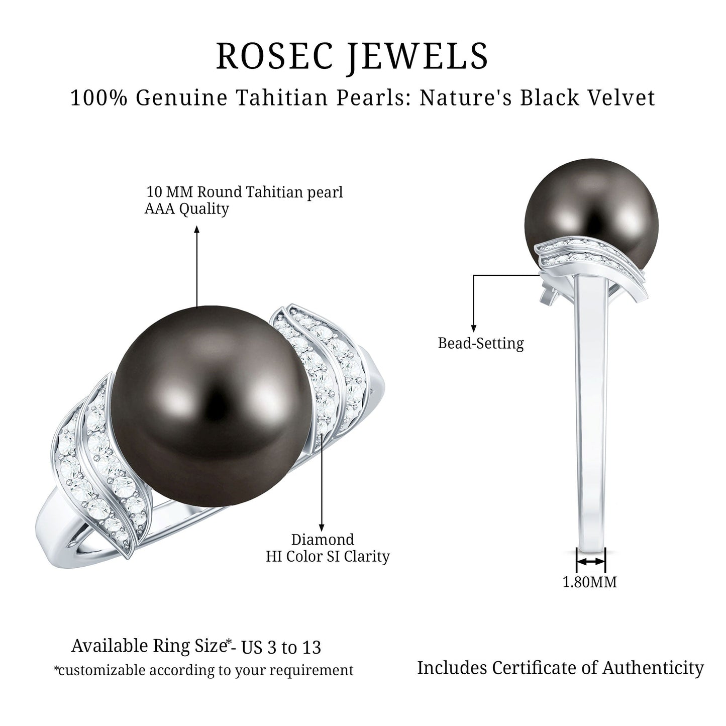 Natural Tahitian Pearl and Diamond Solitaire Engagement Ring