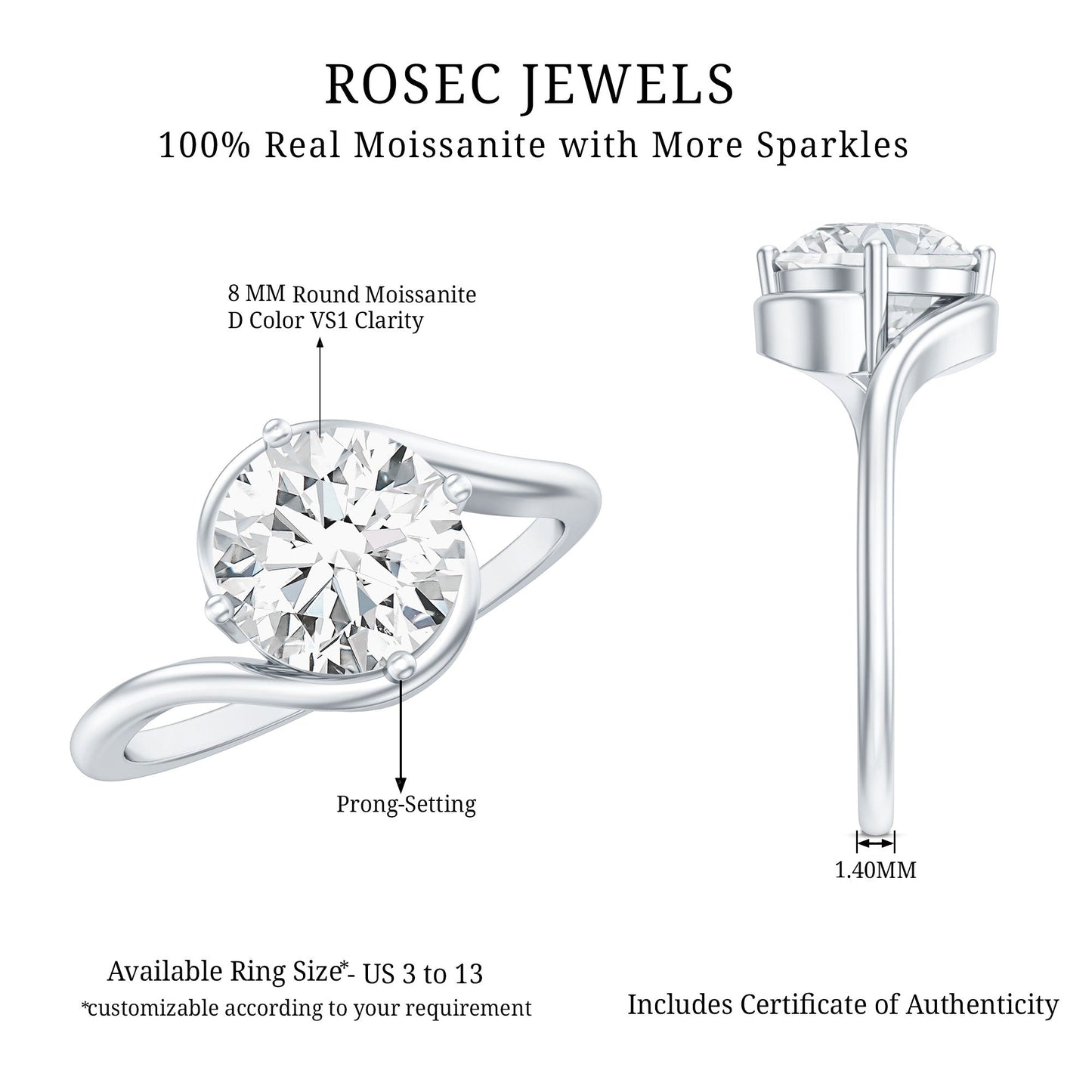 Round Cut 2 Carat Moissanite Solitaire Engagement Ring in Bypass Shank