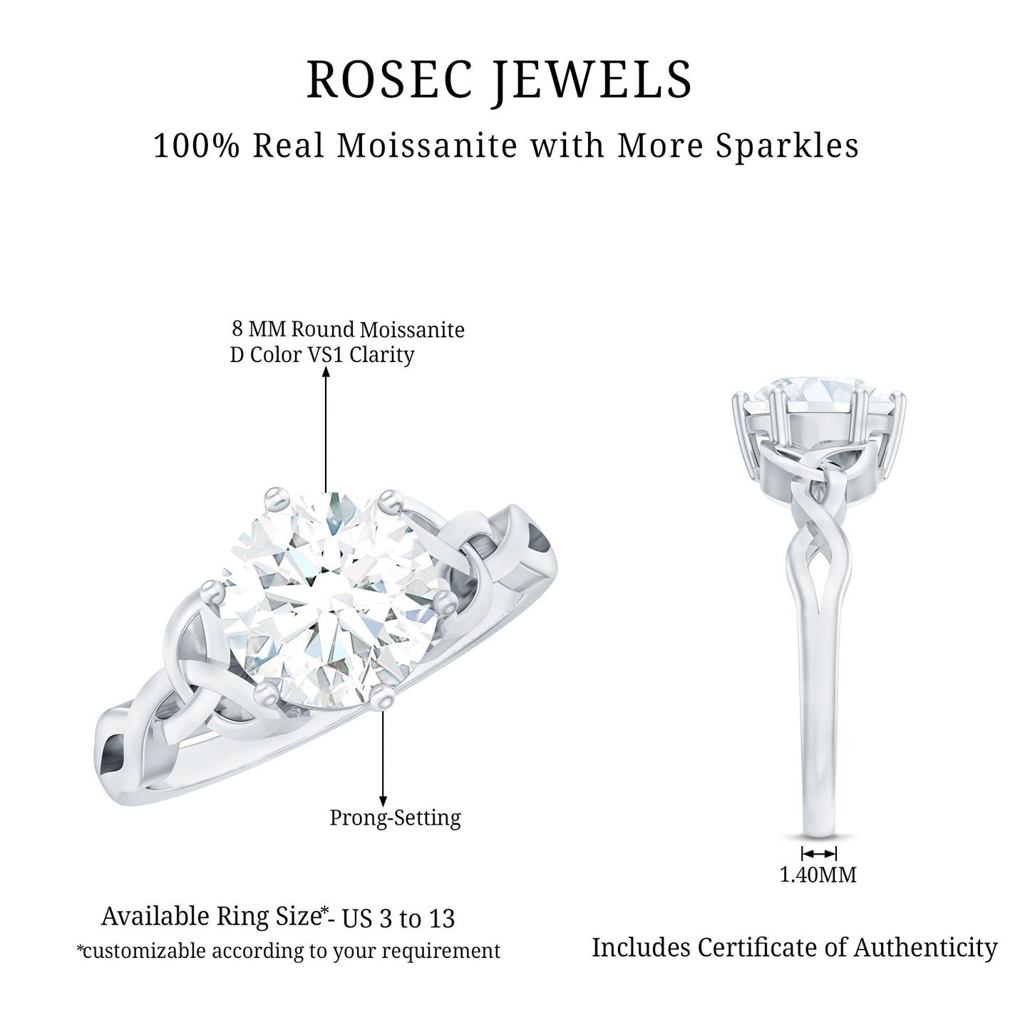 2 Carat Round Cut Moissanite Celtic Design Engagement Ring