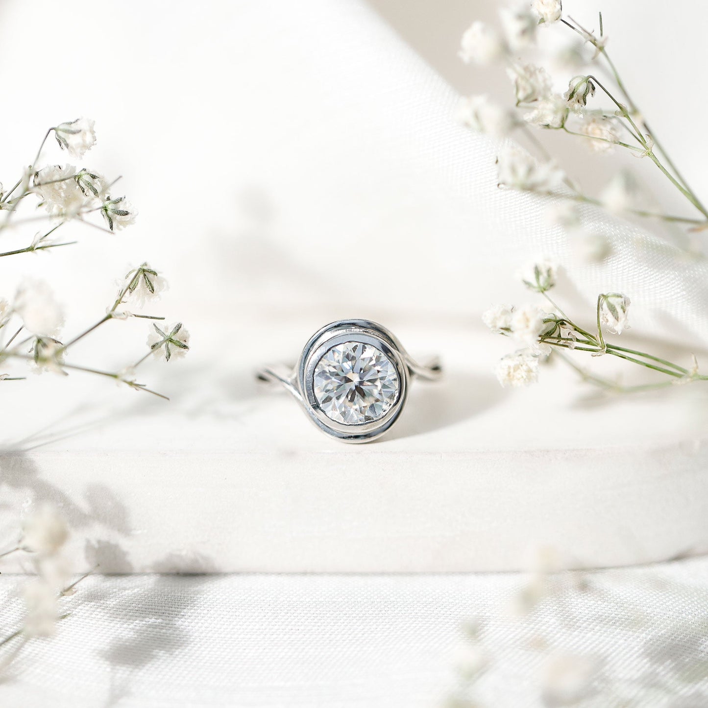Certified Moissanite Bezel Set Engagement Ring with Crossover Shank