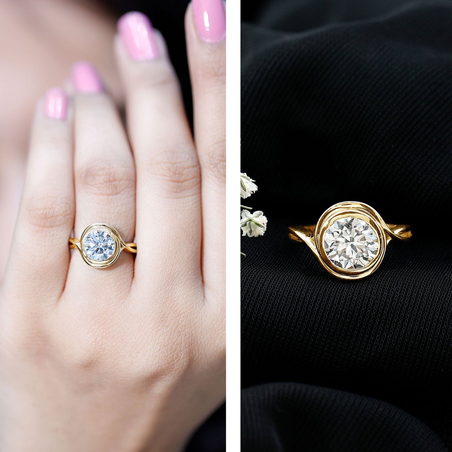 Certified Moissanite Bezel Set Engagement Ring with Crossover Shank