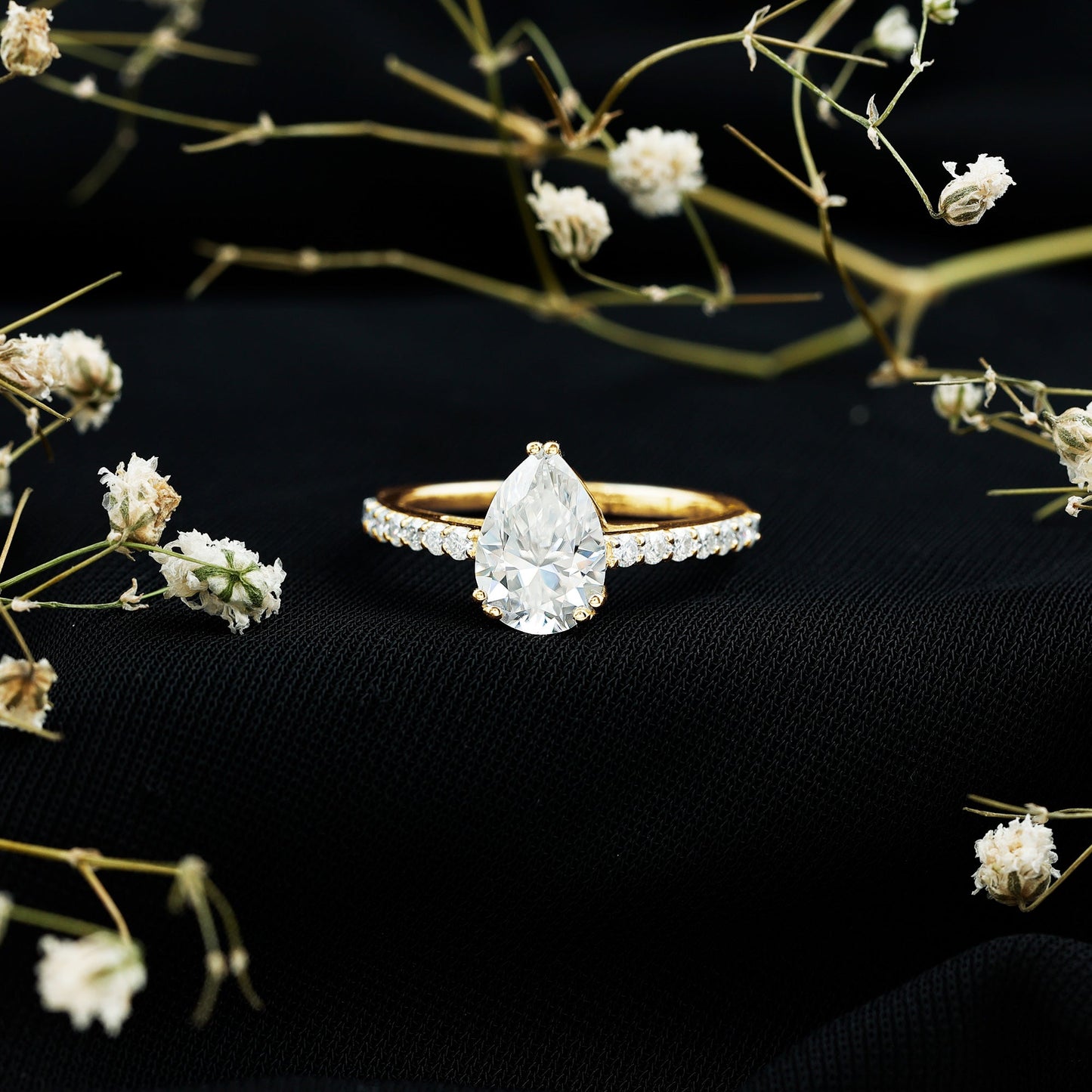 Certified 2 Carat Moissanite Pear Shaped Engagement Ring with Side Stones