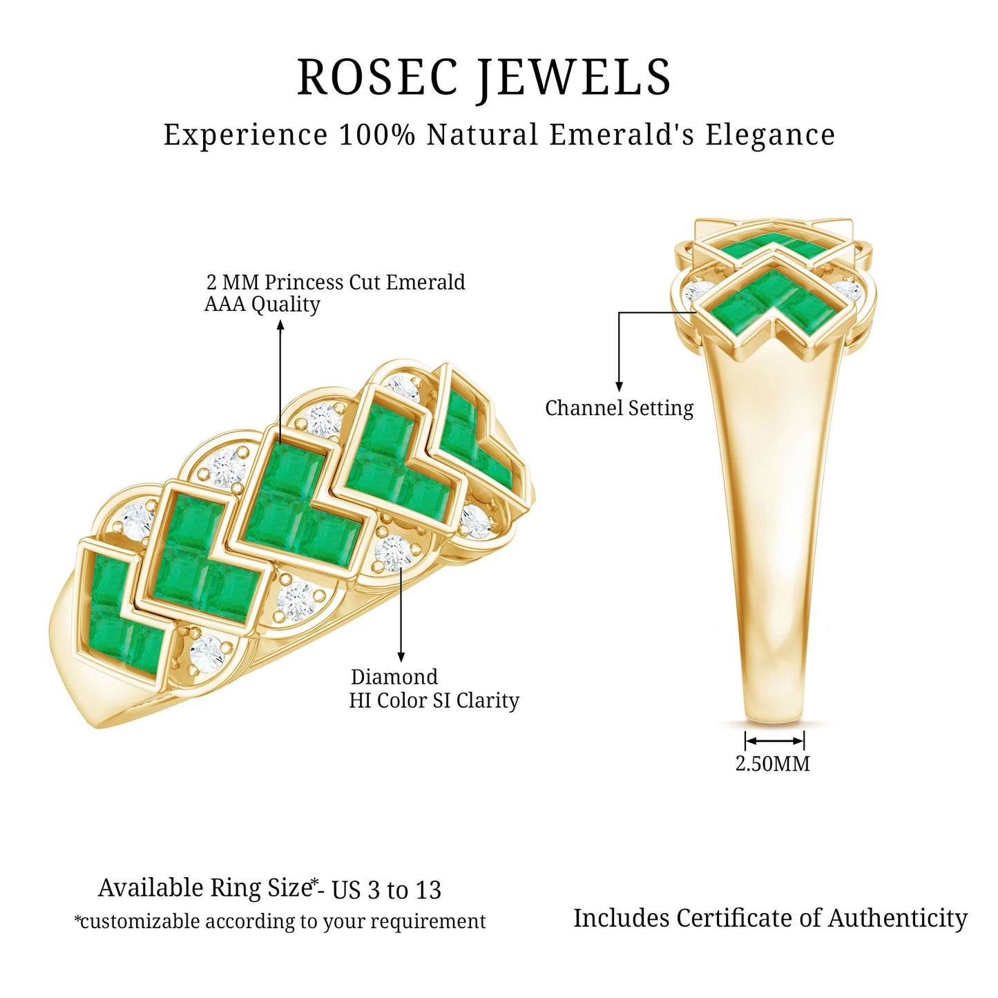Princess Cut Emerald Statement Wedding Band with Diamonds