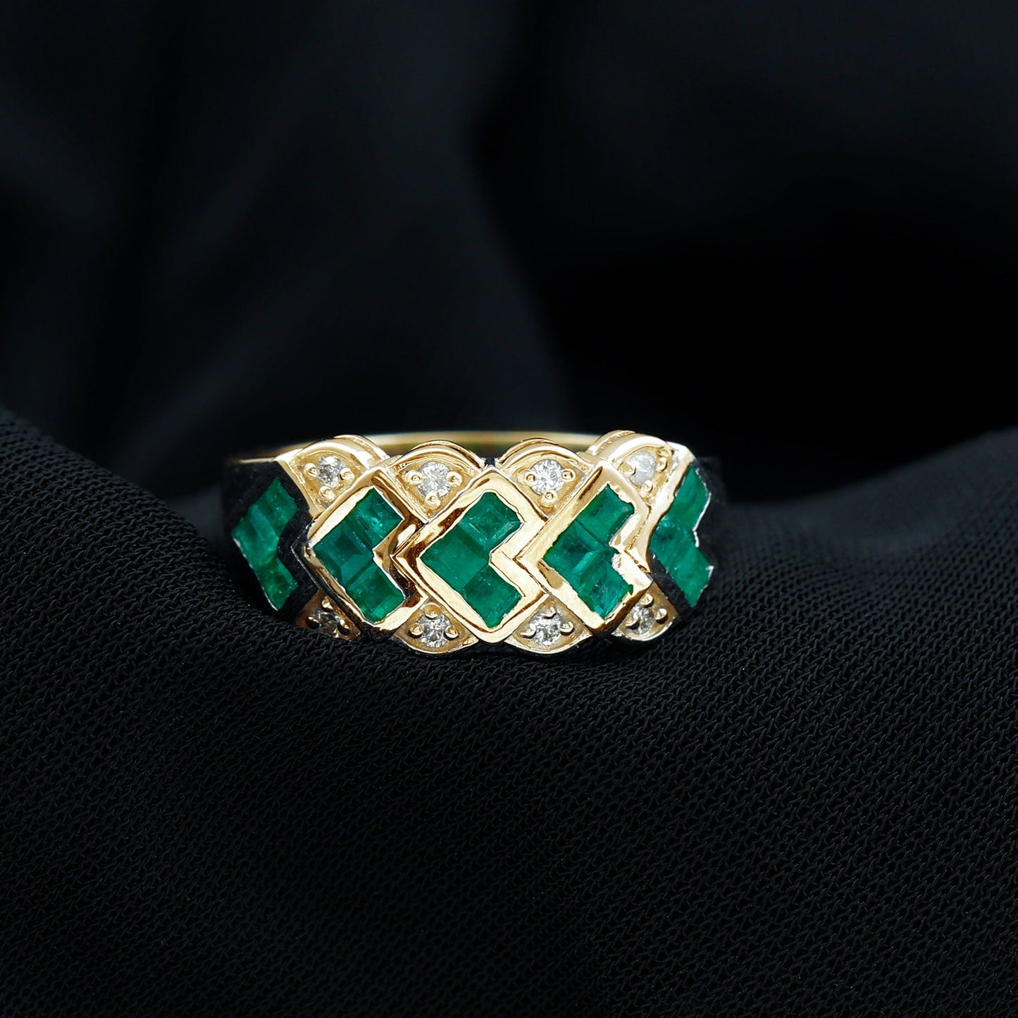 Princess Cut Emerald Statement Wedding Band with Diamonds