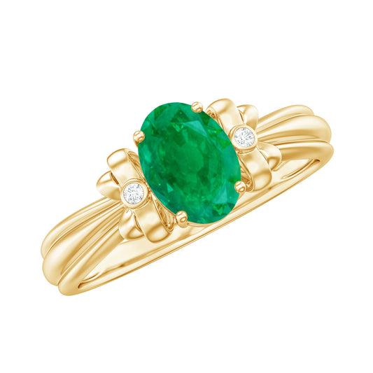 Oval Cut Emerald Solitaire Engagement Ring with Bow Design