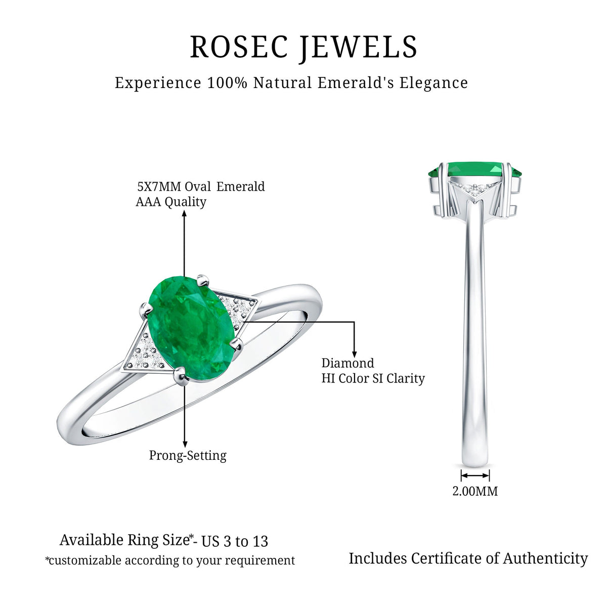 Solitaire Oval Emerald Engagement Ring with Diamonds