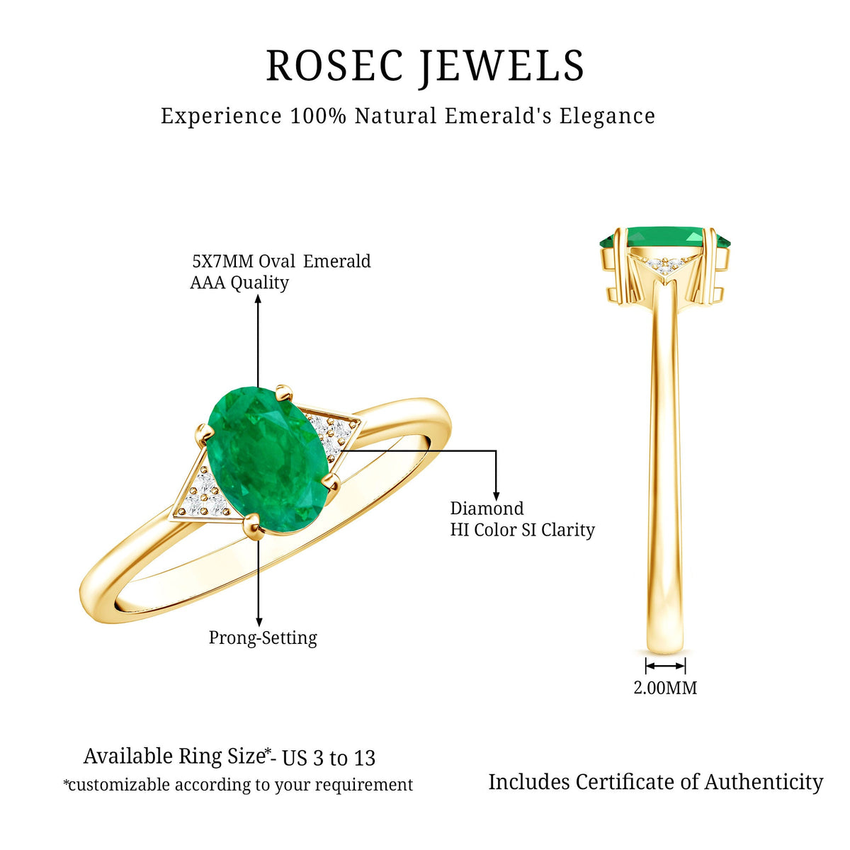 Solitaire Oval Emerald Engagement Ring with Diamonds